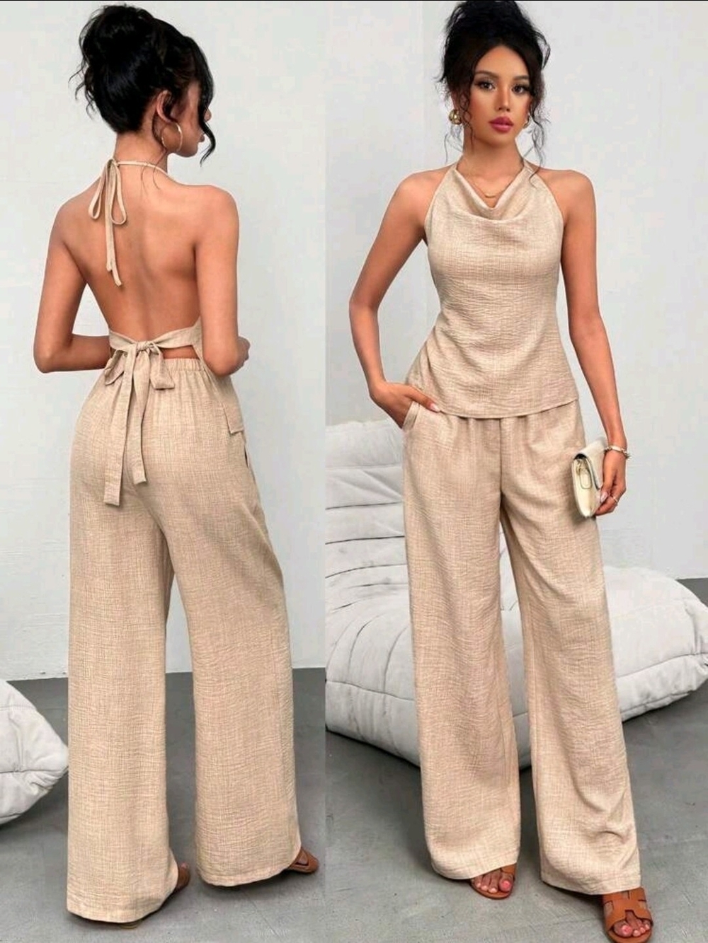 Beige Halter Backless 2 Piece Set - Stylish Wide-Leg Women’s Jumpsuit